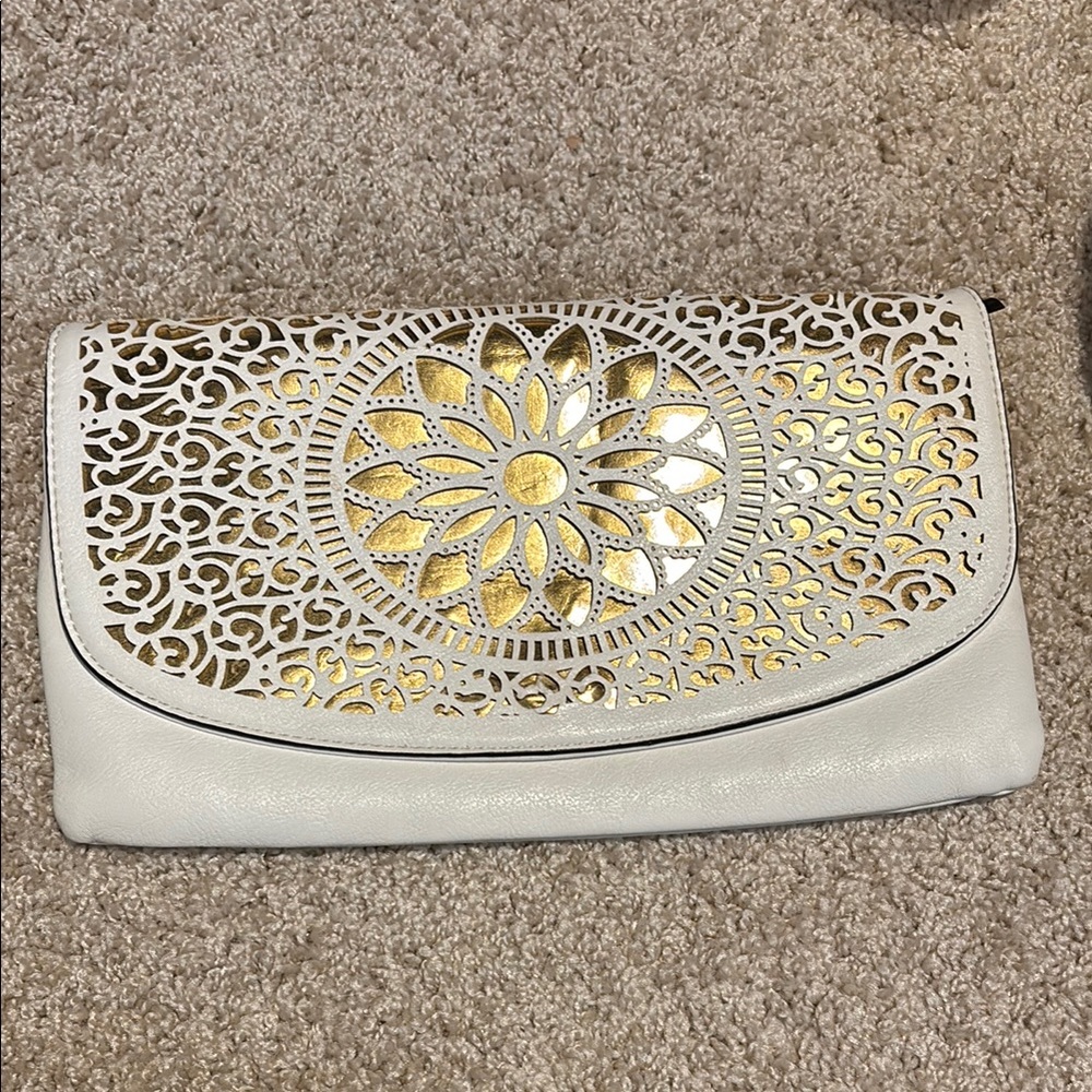Francesca's Collections White and Gold Clutch with Intricate Design